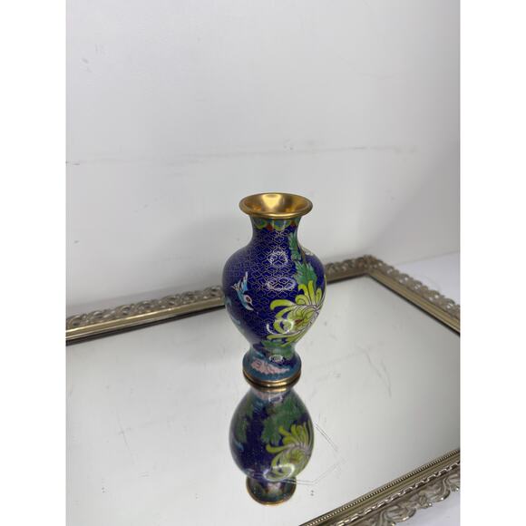 Vintage Cloisonné Vase 6" Floral Oriental Jar~Blue Enamel Pink Florals - Picture 3 of 9